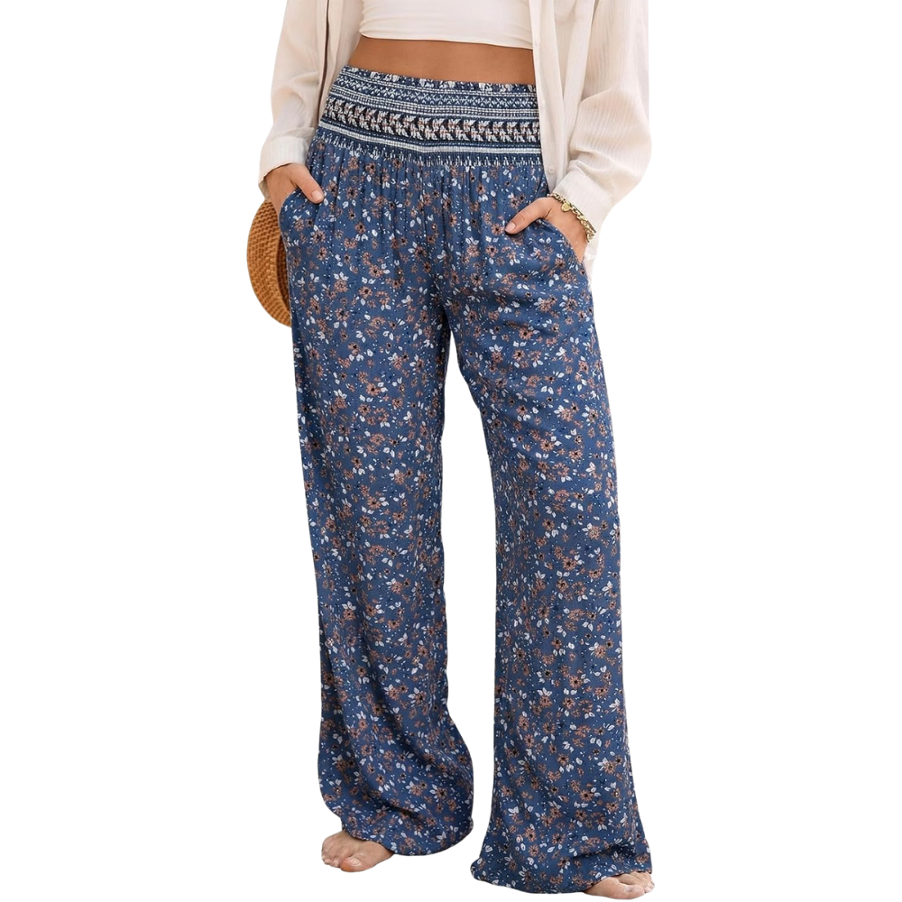 Summer Boho Floral Casual Loose Palazzo Pants With Pocket