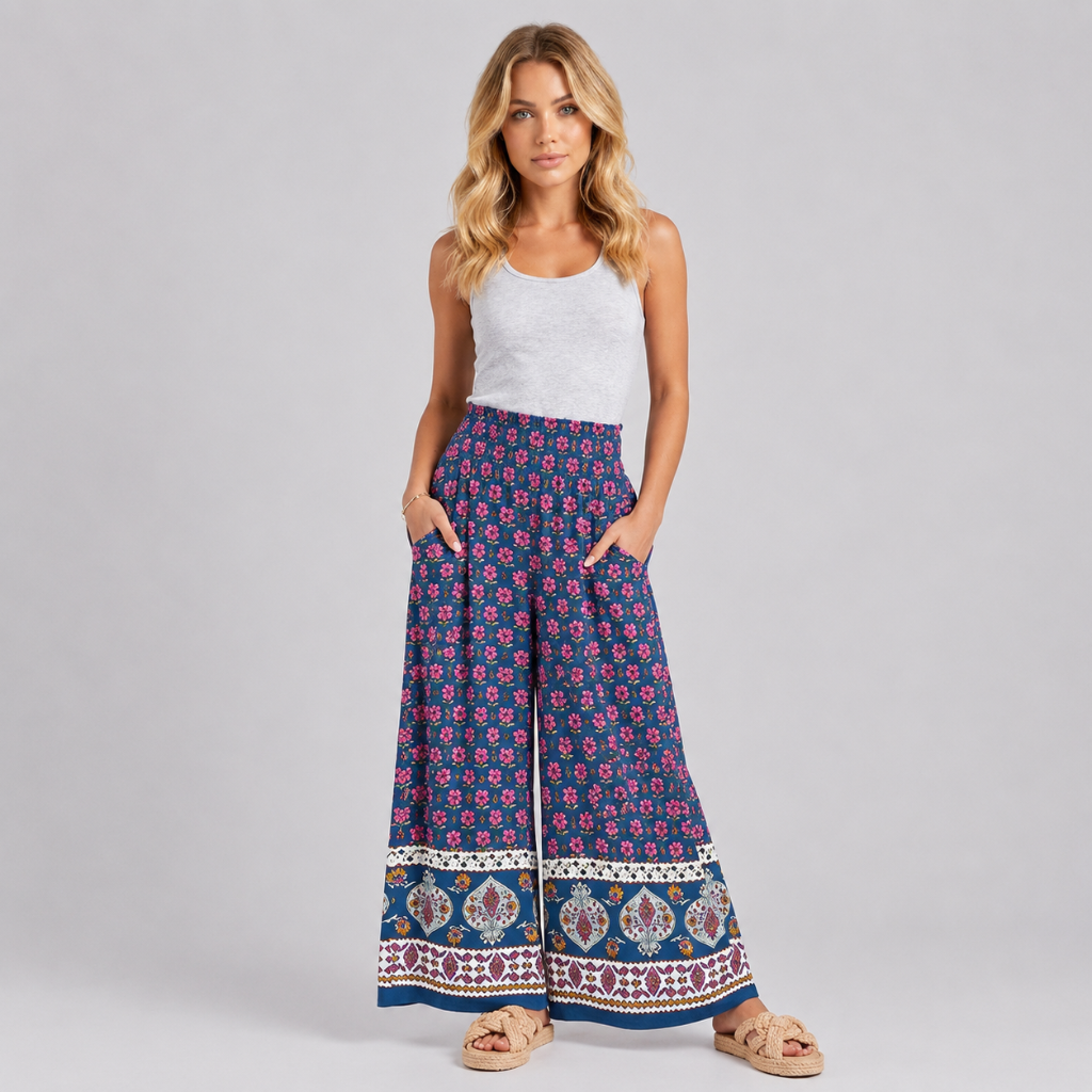 Printed Summer Wear Boho Bagyy Wide High Smocked Pants