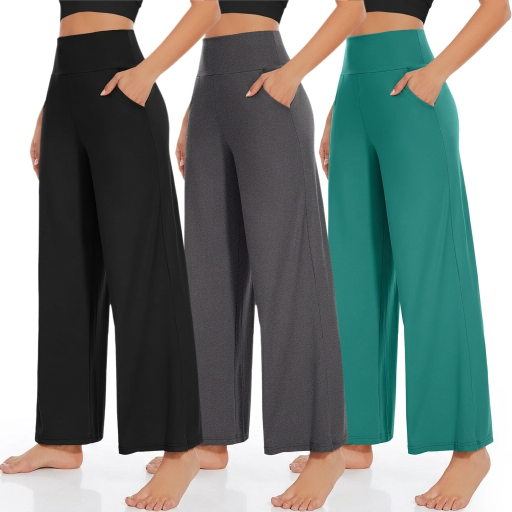 Pack Of 3 Wide Fit High Rise Pants Pockets For Women
