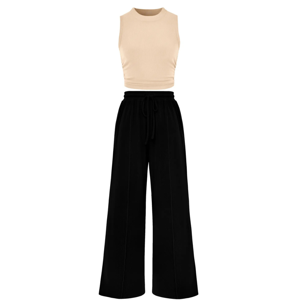 2 Piece Outfits Set With Sleeveless Crop Top And Wide Pants For Women