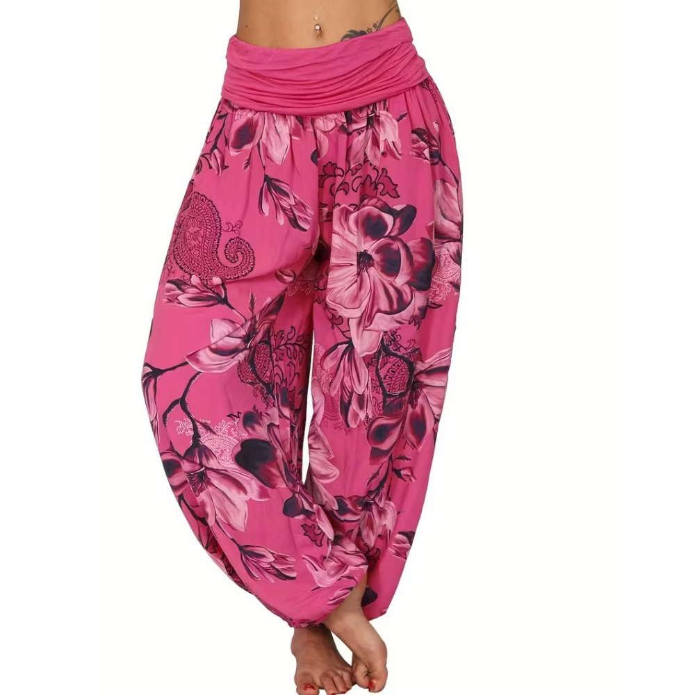 Boho Floral Print Ruched Harem Pants For Women