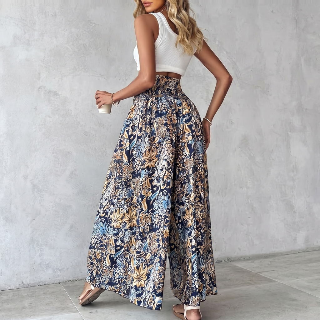 High Rise Boho Printed Wide Palazzo Pants For Women Summer Wear