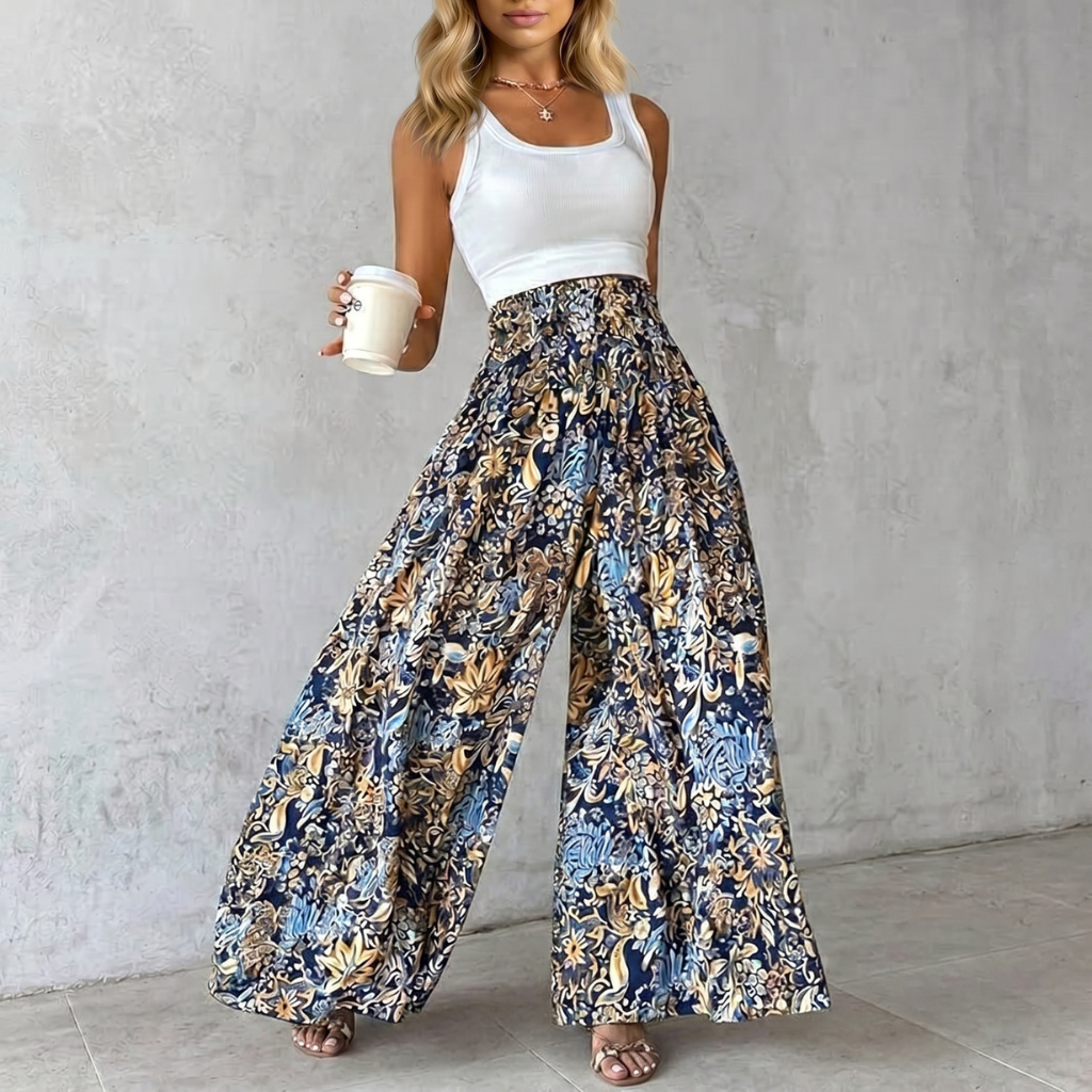High Rise Boho Printed Wide Palazzo Pants For Women Summer Wear