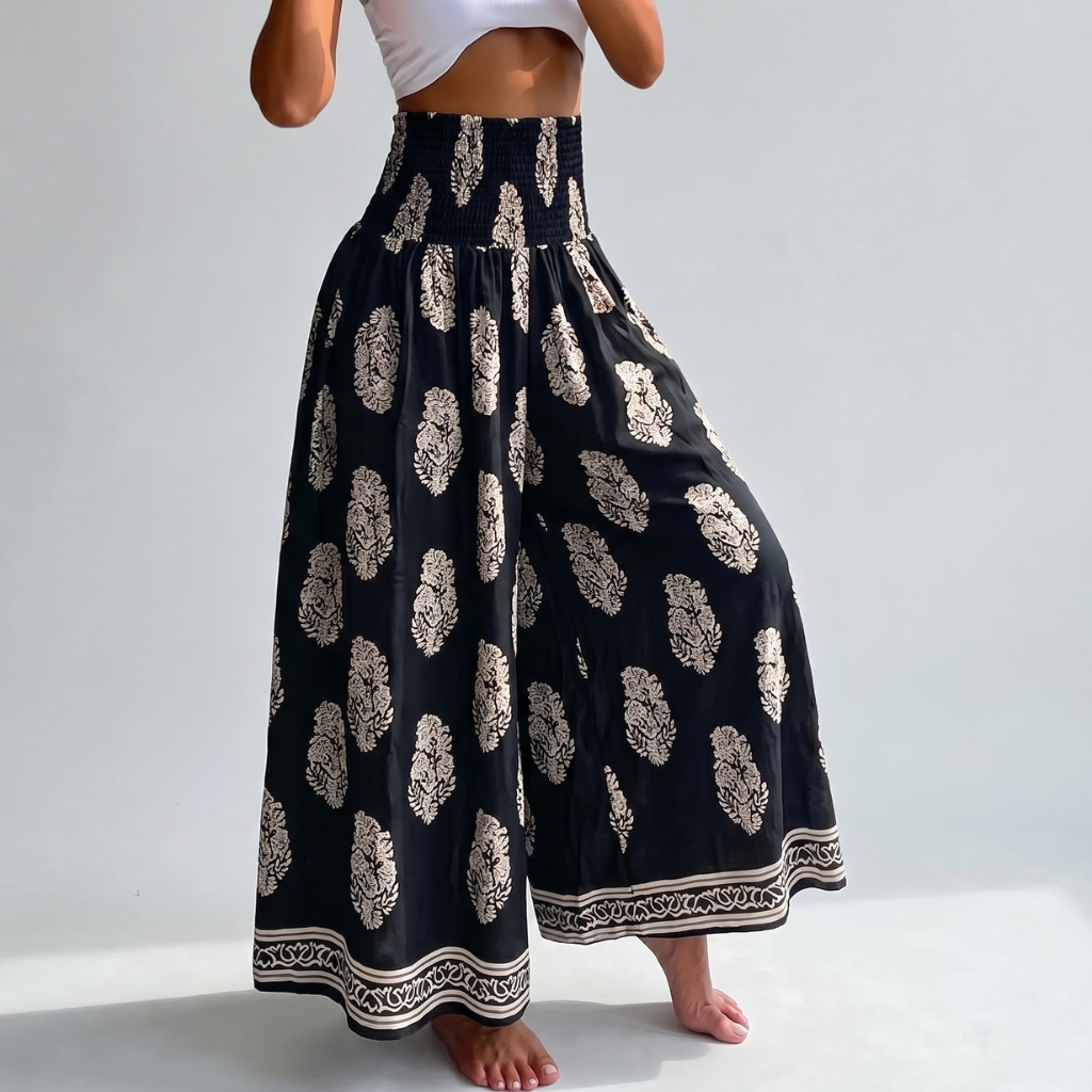High Rise Boho Printed Wide Palazzo Pants For Women Summer Wear