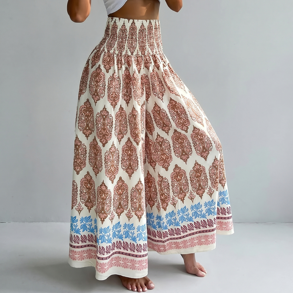 High Rise Boho Printed Wide Palazzo Pants For Women Summer Wear