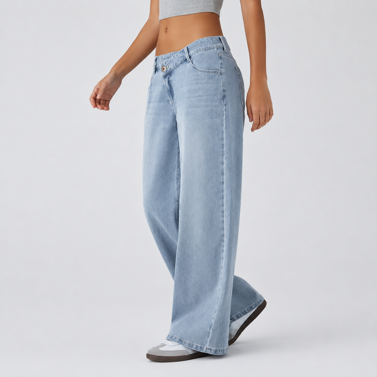 Asymmetric Low Rise Baggy Wide Casual Jeans With Pockets For Women