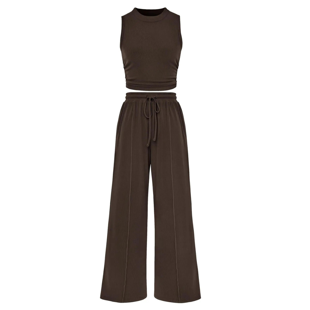 2 Piece Outfits Set With Sleeveless Crop Top And Wide Pants For Women