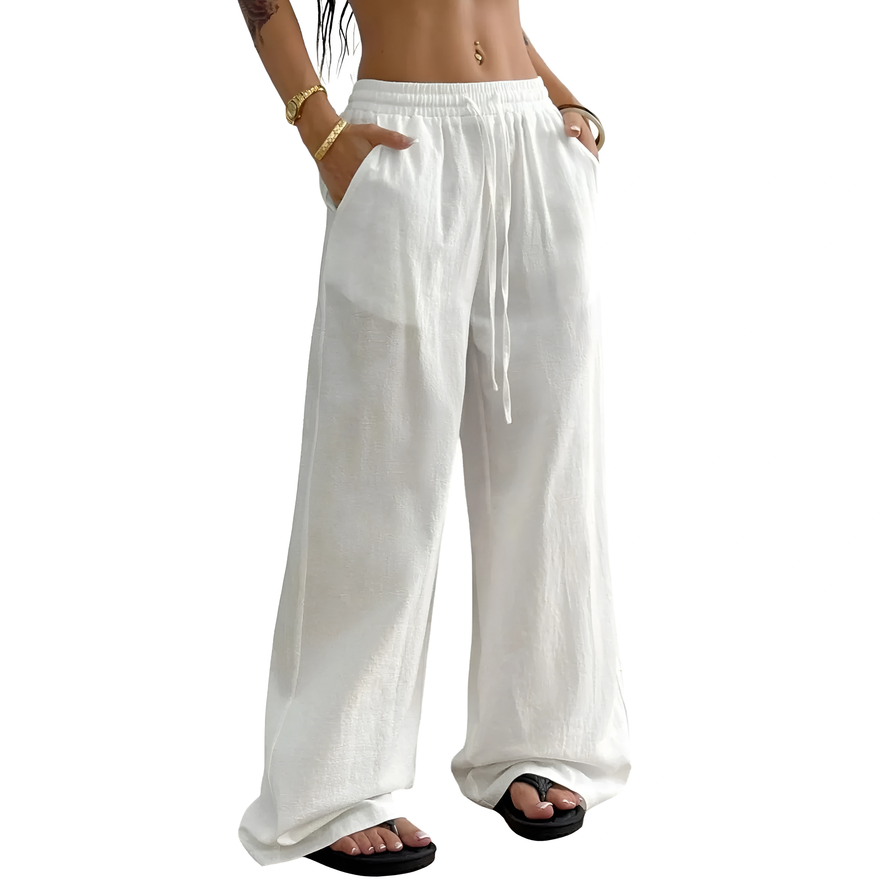Boho Linen Wide Palazzo Drawstring Pants for Women
