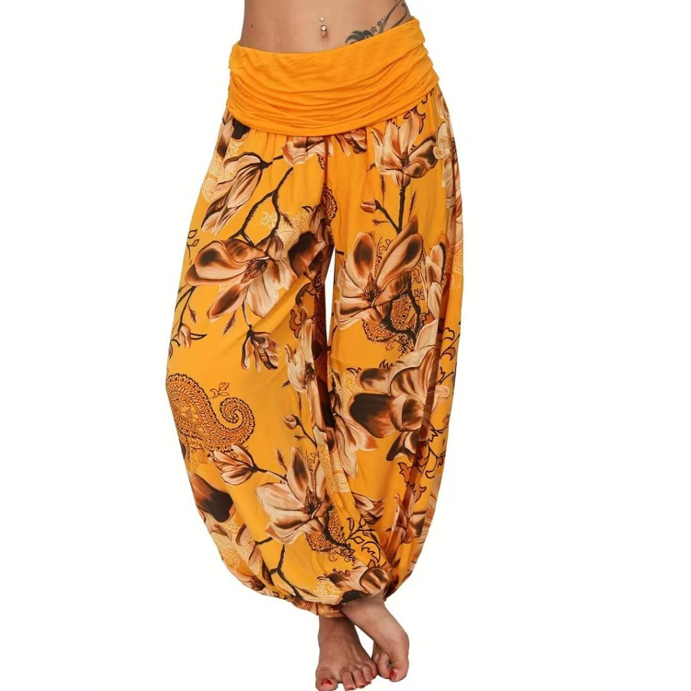 Boho Floral Print Ruched Harem Pants For Women