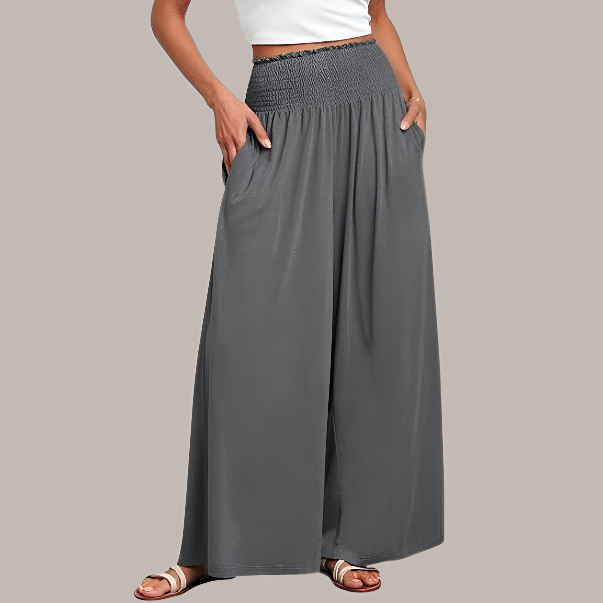 Casual Smocked Waist Wide Shank Pants