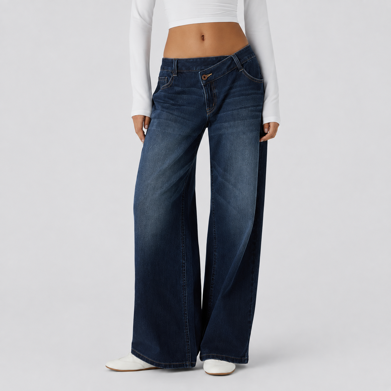 Asymmetric Low Rise Baggy Wide Casual Jeans With Pockets For Women