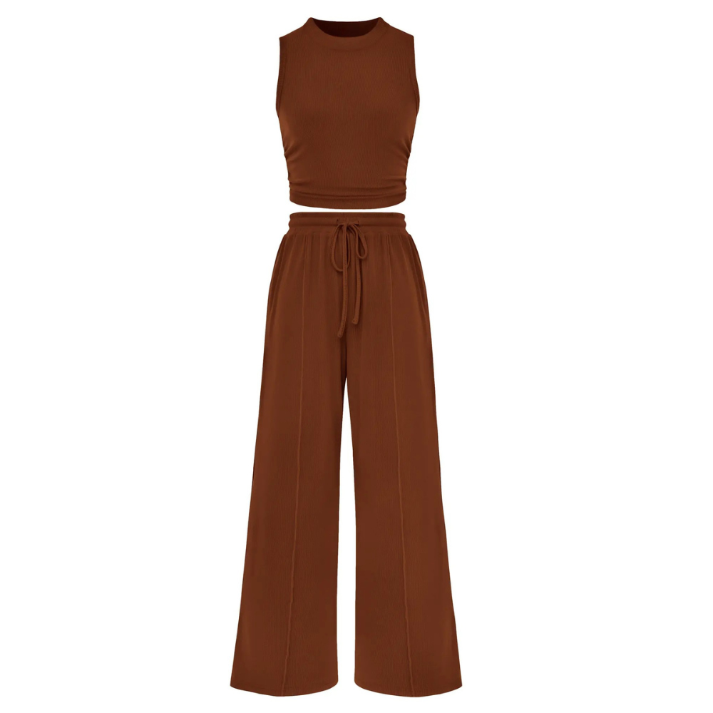 2 Piece Outfits Set With Sleeveless Crop Top And Wide Pants For Women