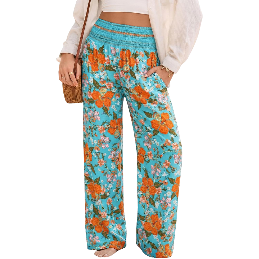Summer Boho Floral Casual Loose Palazzo Pants With Pocket