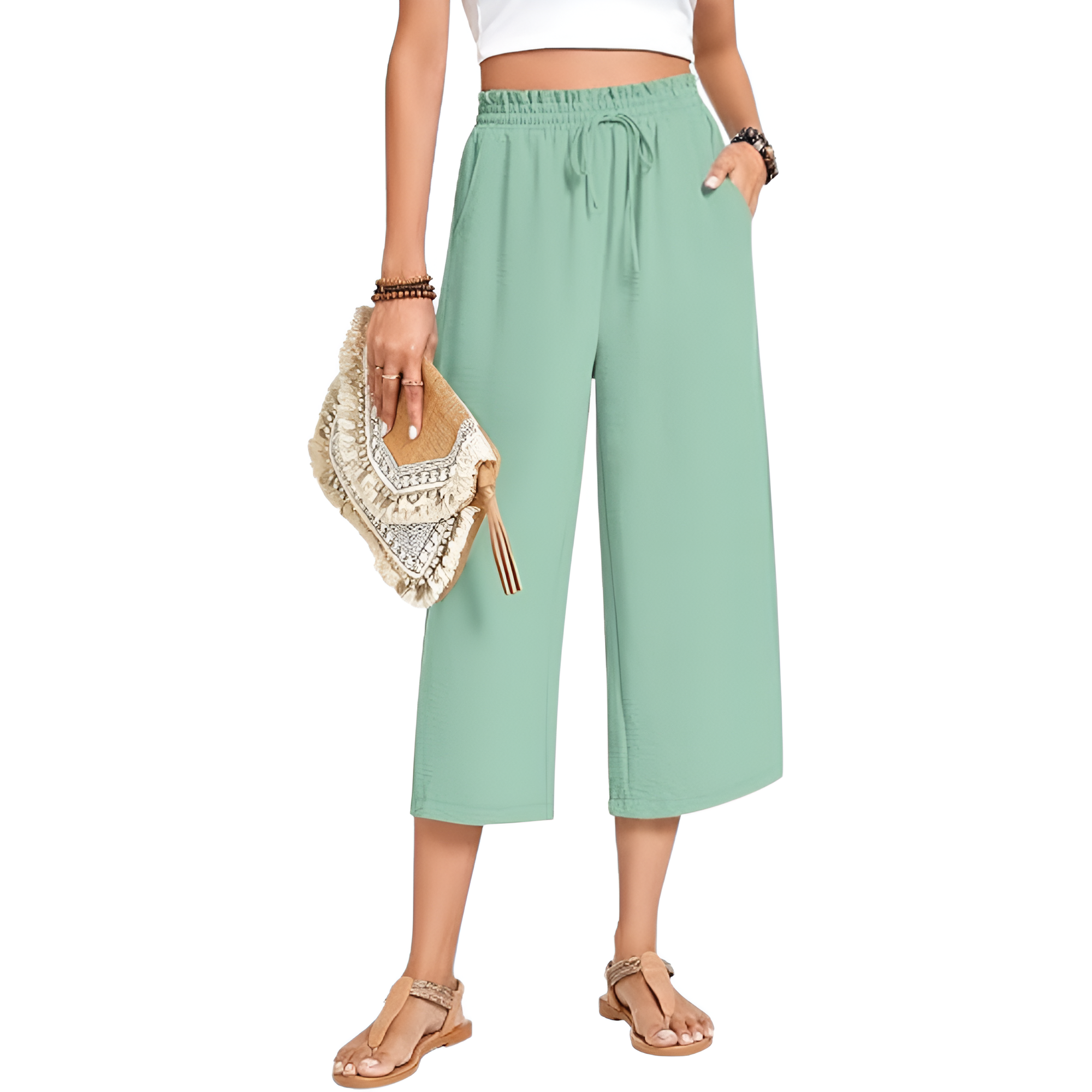 Wide Fit Casual Capri Pants With Pockets For Women