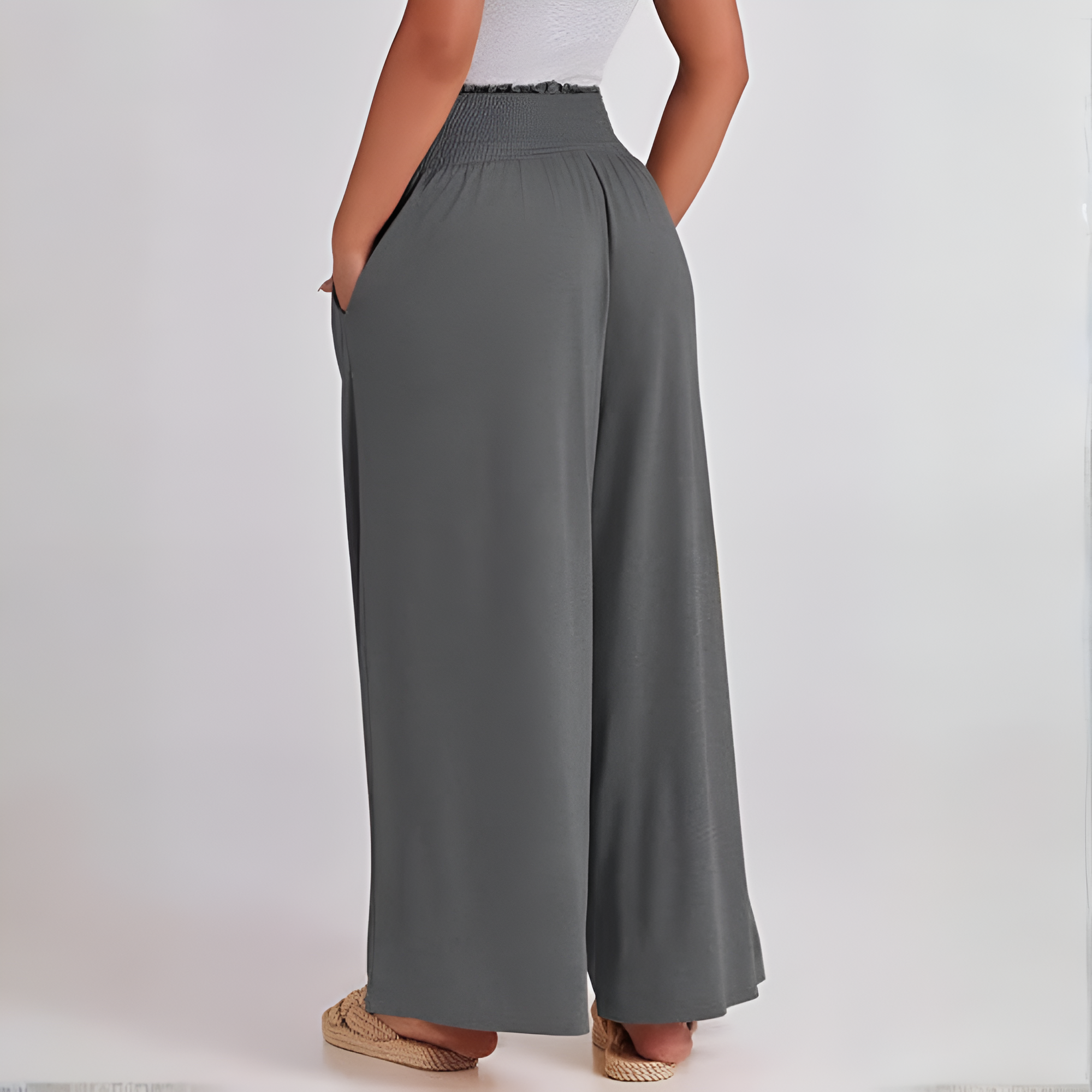 Casual Smocked Waist Wide Shank PantsSummer Boho Palazzo Pants With Baggy Fit And Loose Lounge Design For Women - Image 23