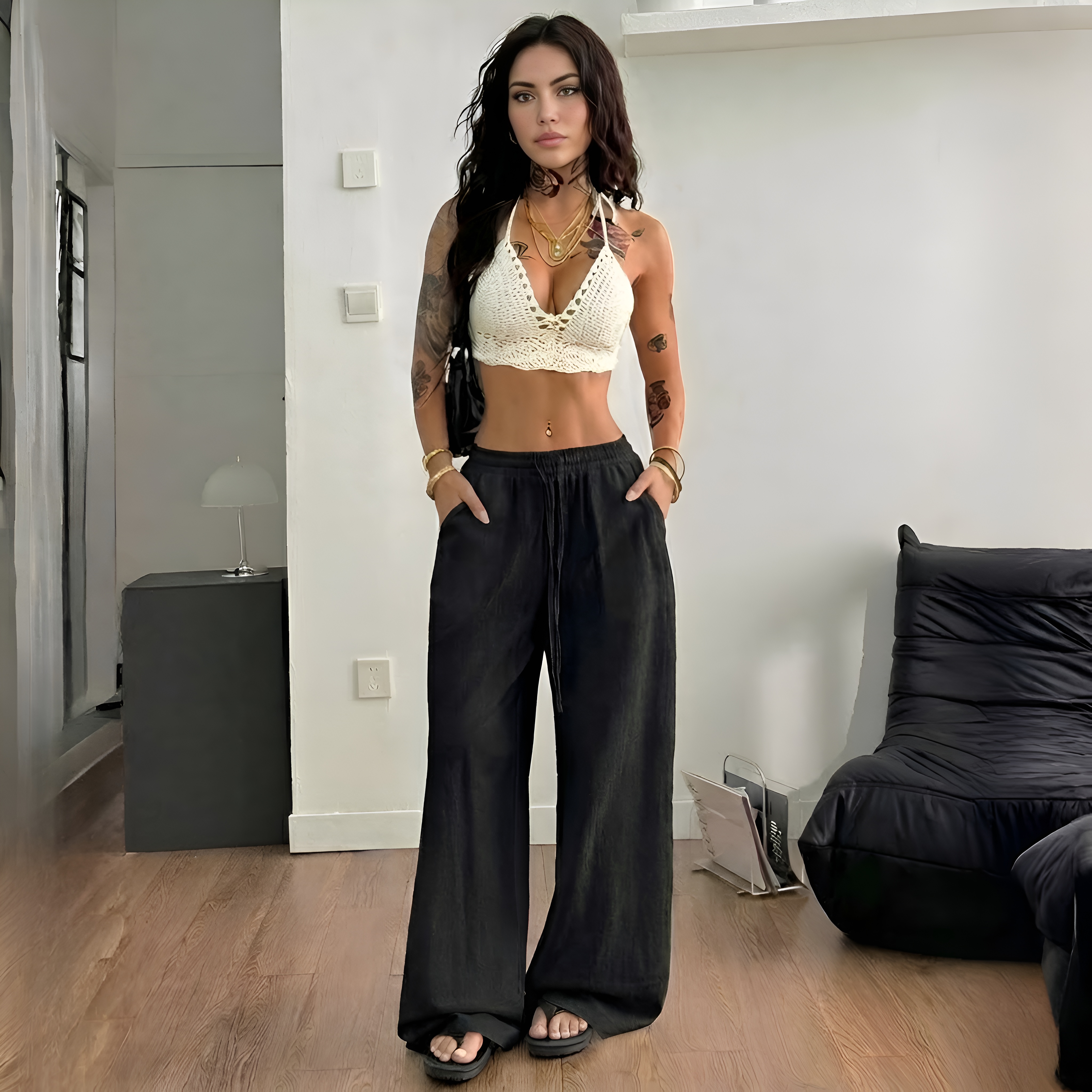 Boho Linen Wide Palazzo Drawstring Pants for Women