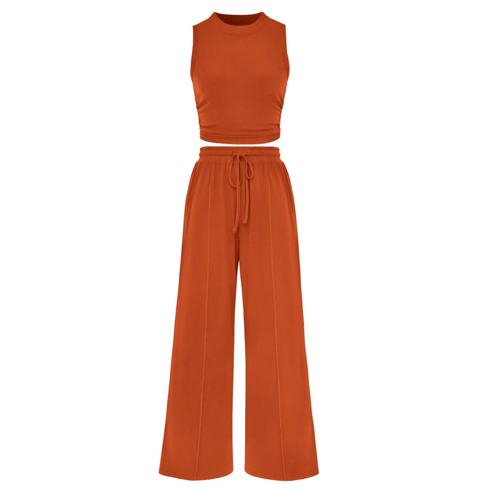 2 Piece Outfits Set With Sleeveless Crop Top And Wide Pants For Women