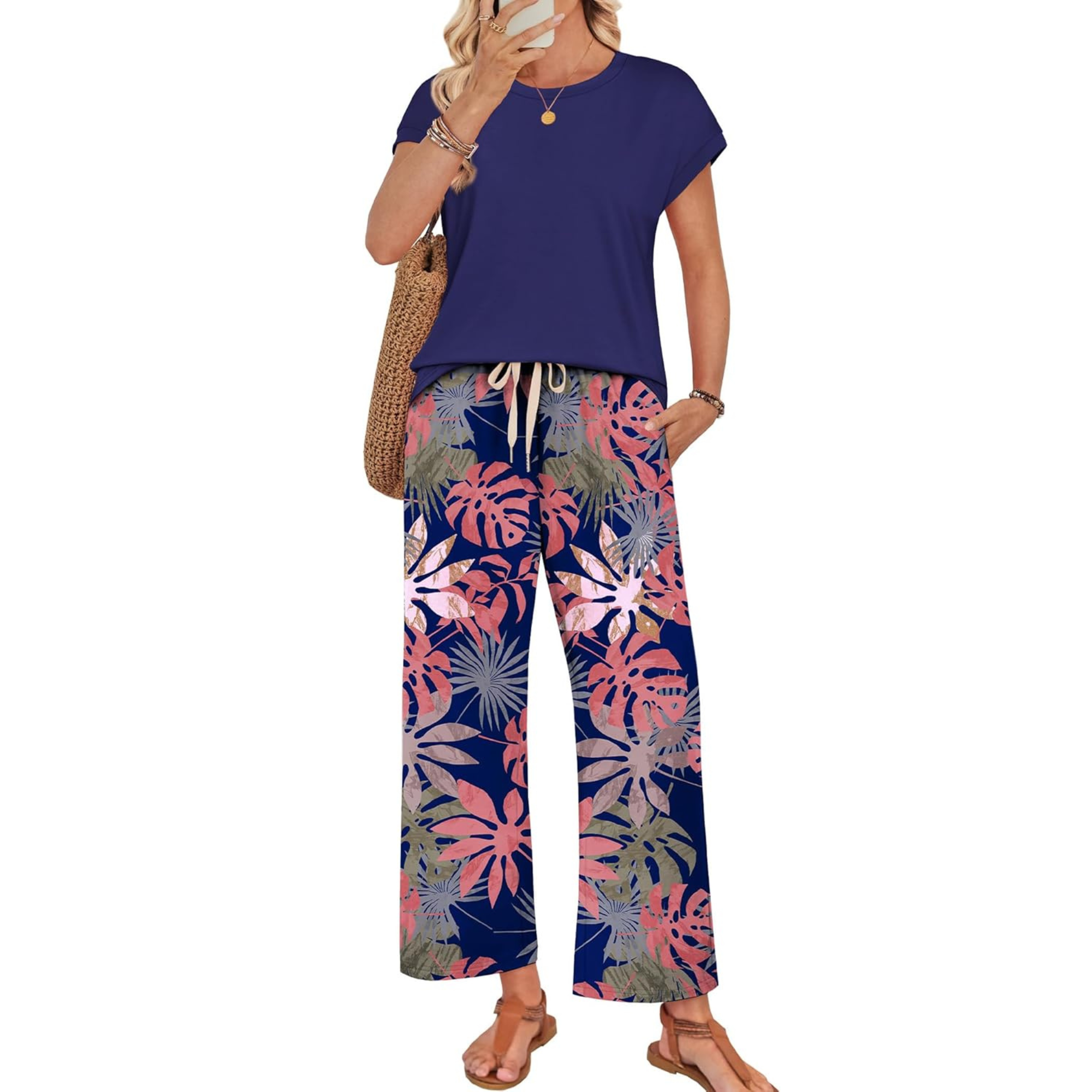 Women Two Piece Lounge Set with Wide Leg Pants