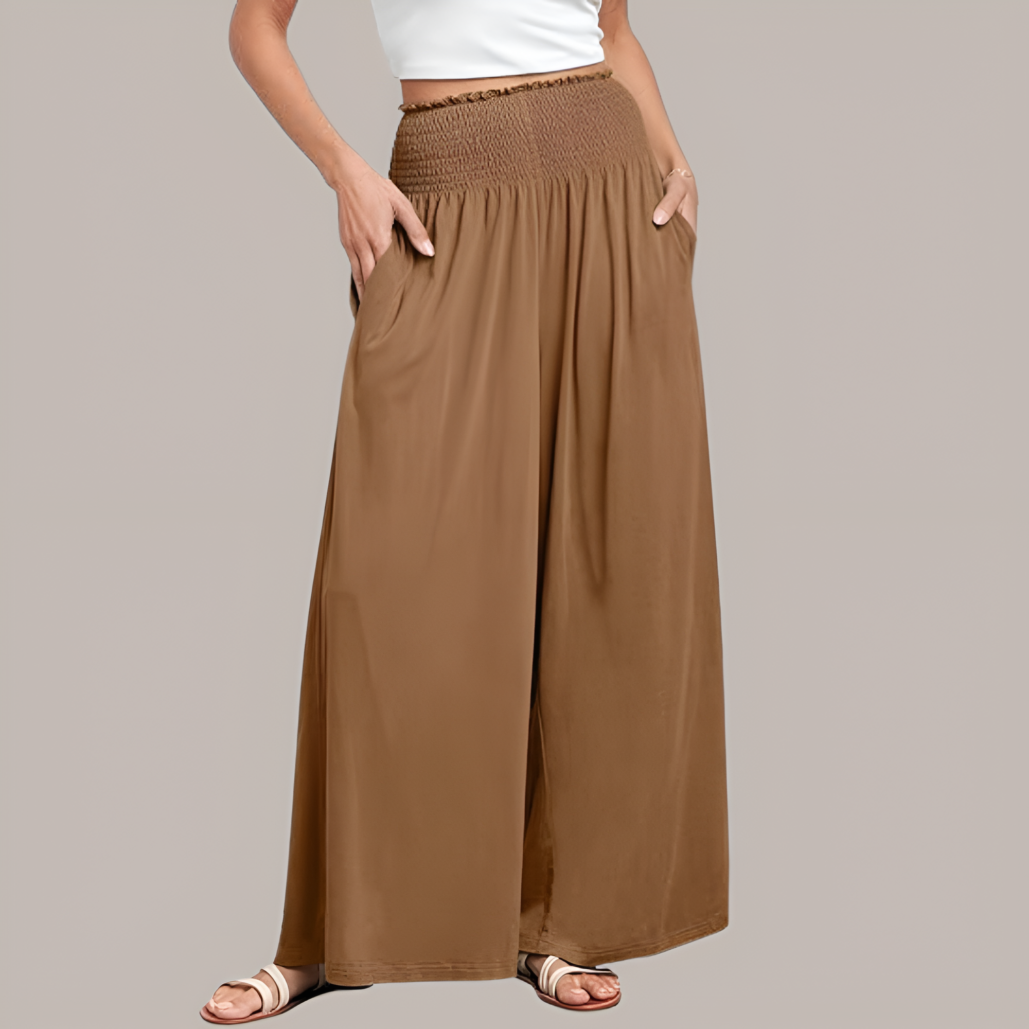 Casual Smocked Waist Wide Shank PantsSummer Boho Palazzo Pants With Baggy Fit And Loose Lounge Design For Women - Image 12