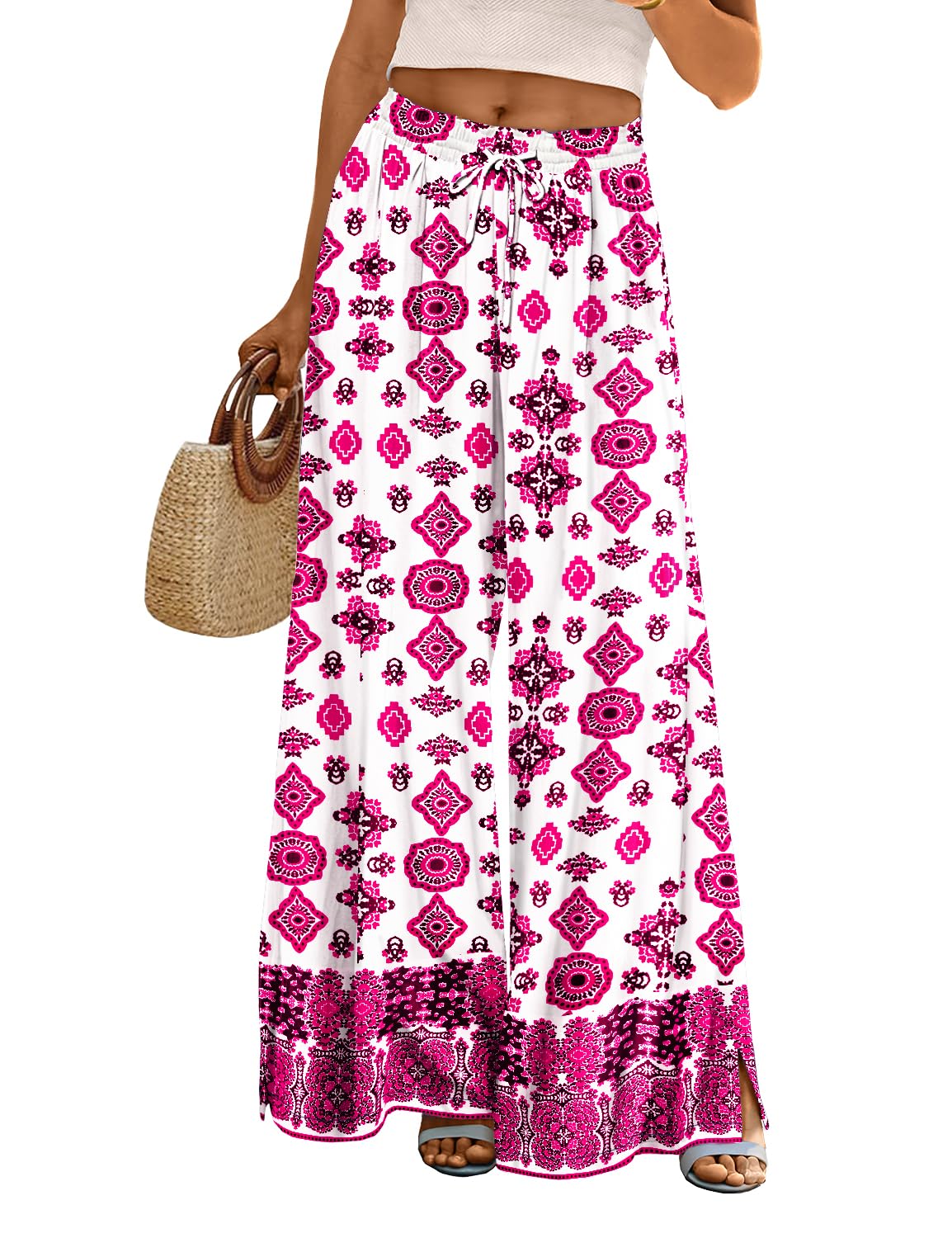 Casual Wide Flowy Beach Pants With Drawstring For Women