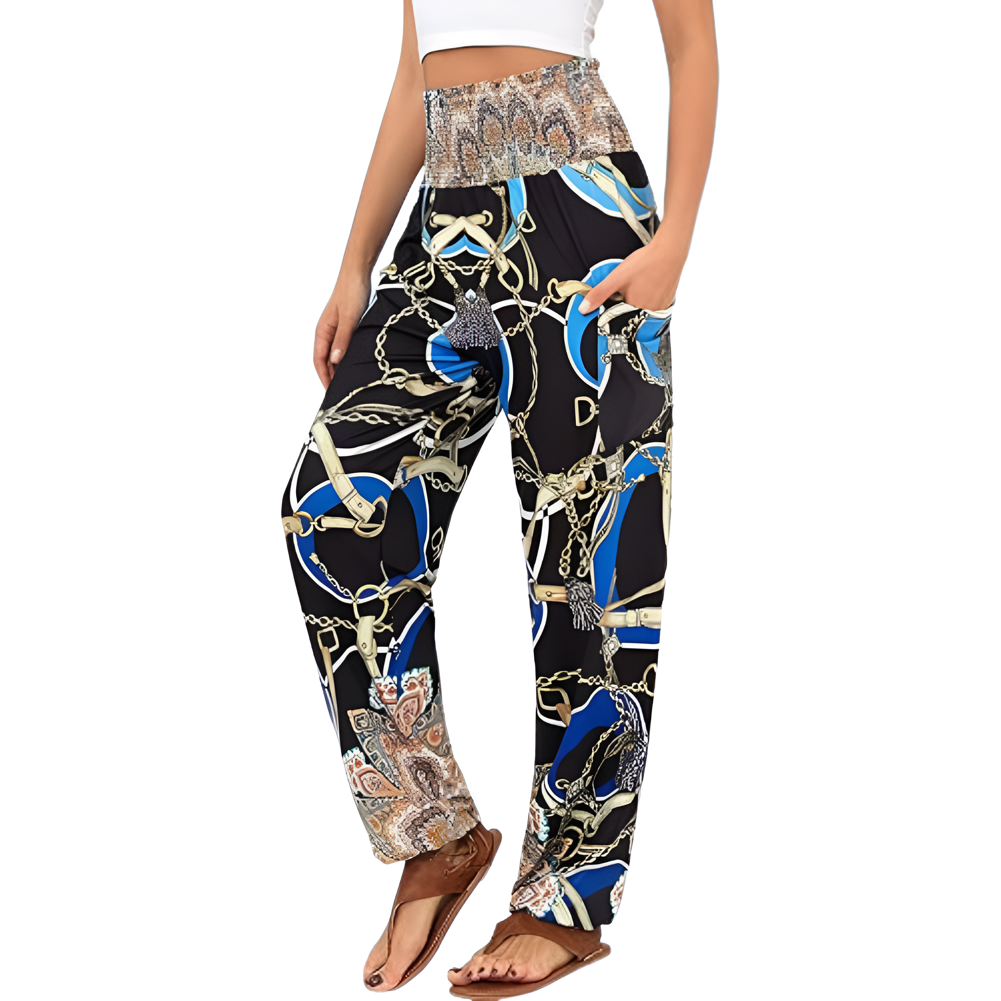 High Rise Printed Yoga Boho Pants With Pockets For Women
