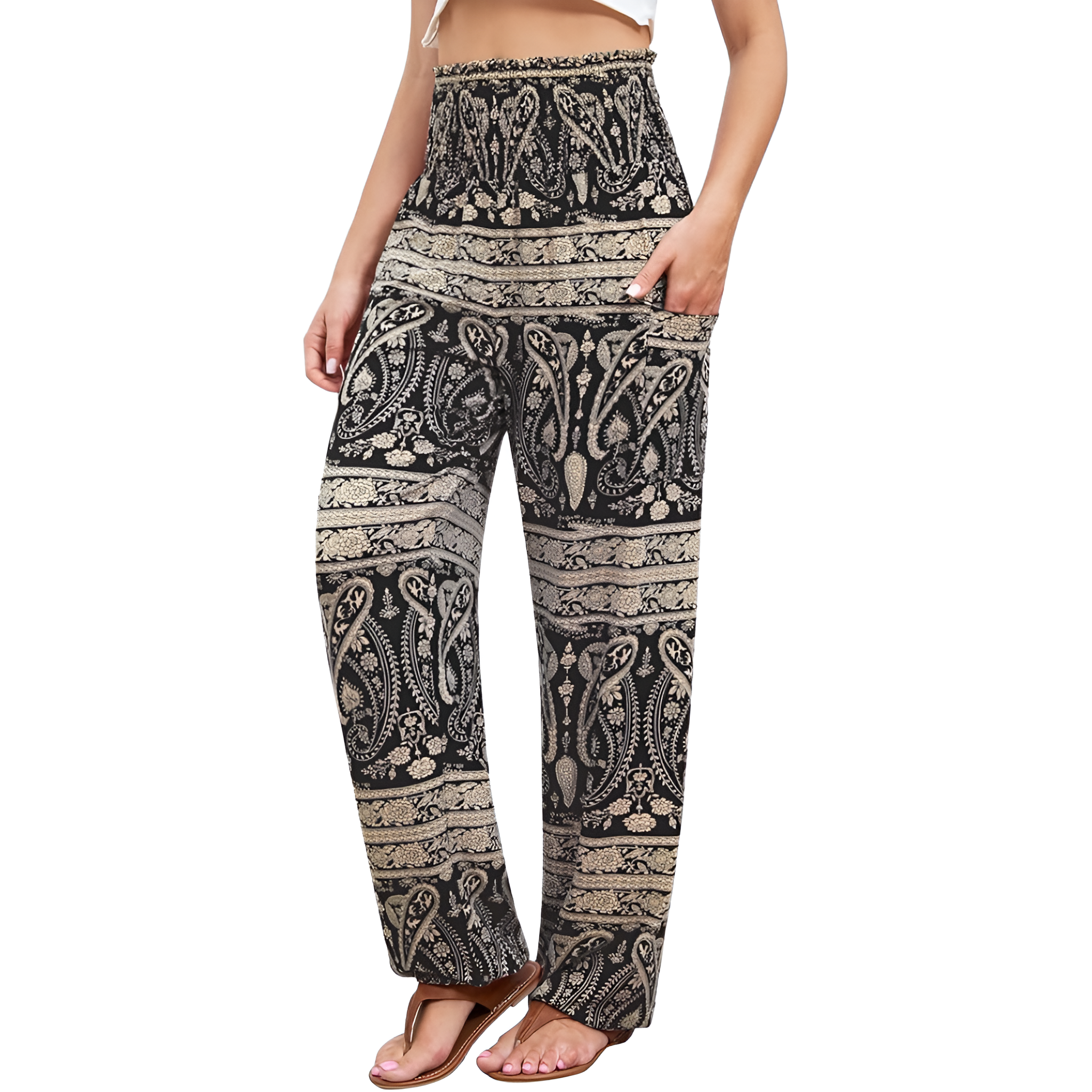 High Rise Printed Yoga Boho Pants With Pockets For Women