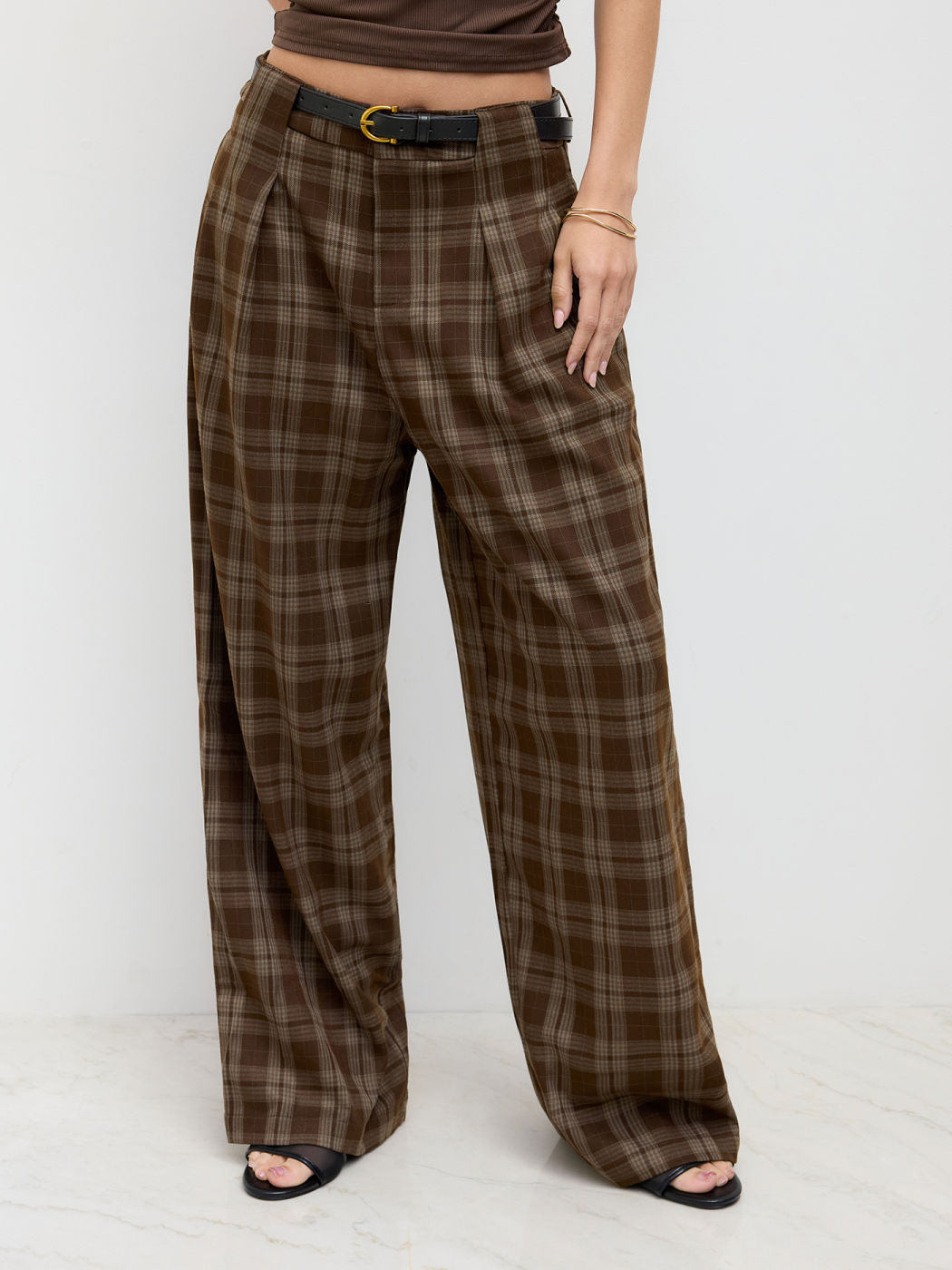 Mid Rise Checked Pattern Wide Pants For Women
