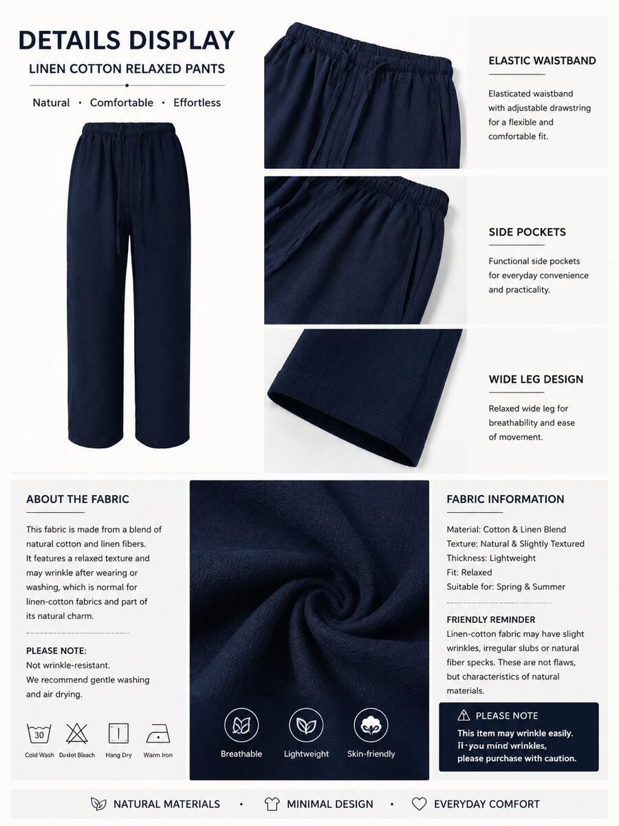 Women's Loose Fit Drawstring Waist Wide Leg Pants, Lightweight Breathable Casual Trousers, Navy Blue, Summer, Vacationcore, Resort Wear - Deep Blue - View 5