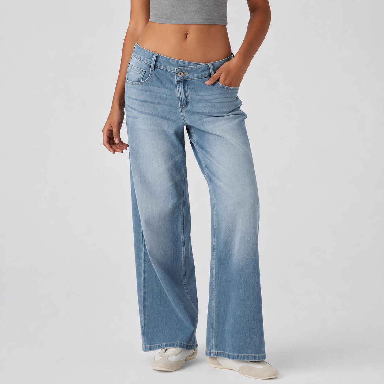 Asymmetric Low Rise Baggy Wide Casual Jeans With Pockets For Women