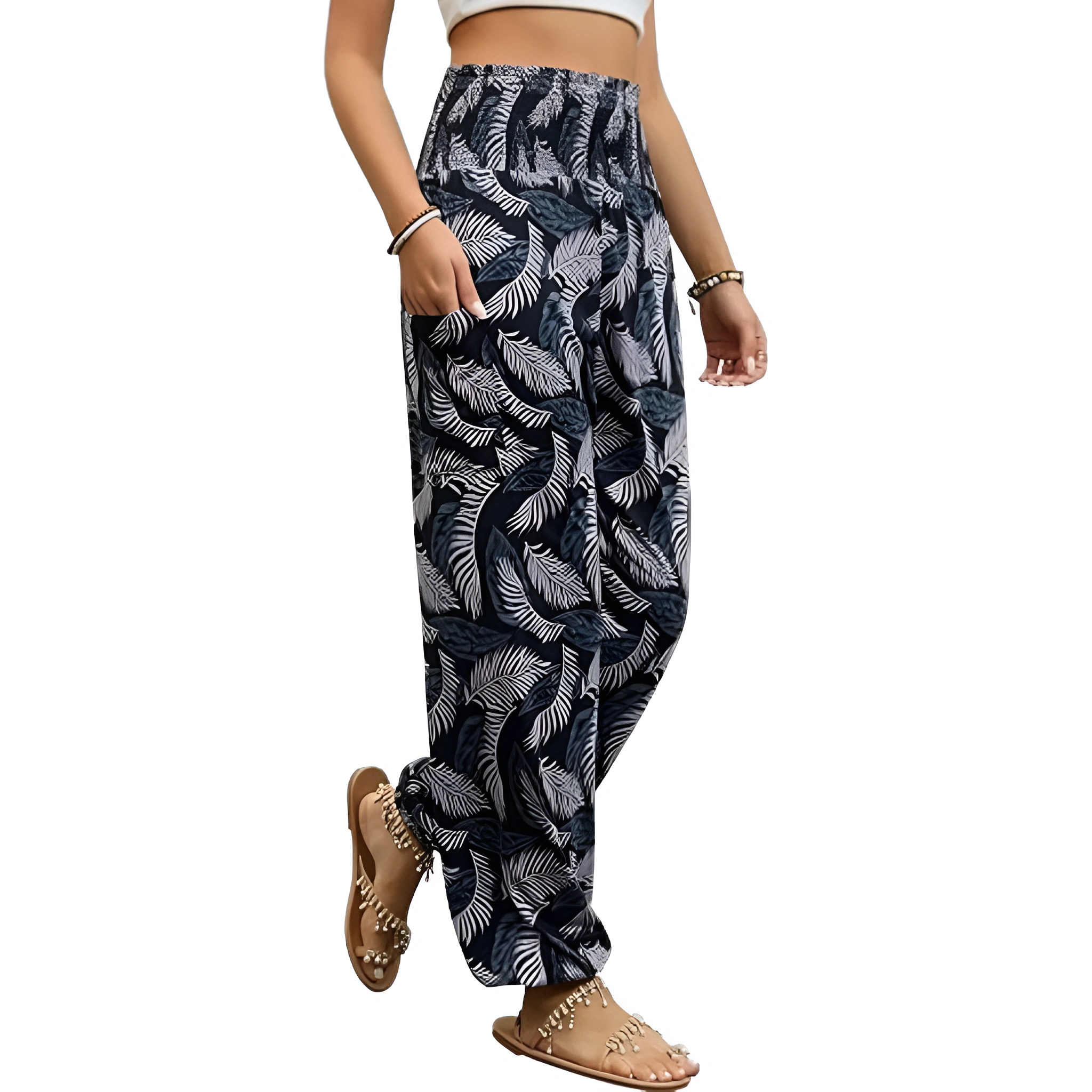 High Rise Printed Yoga Boho Pants With Pockets For Women