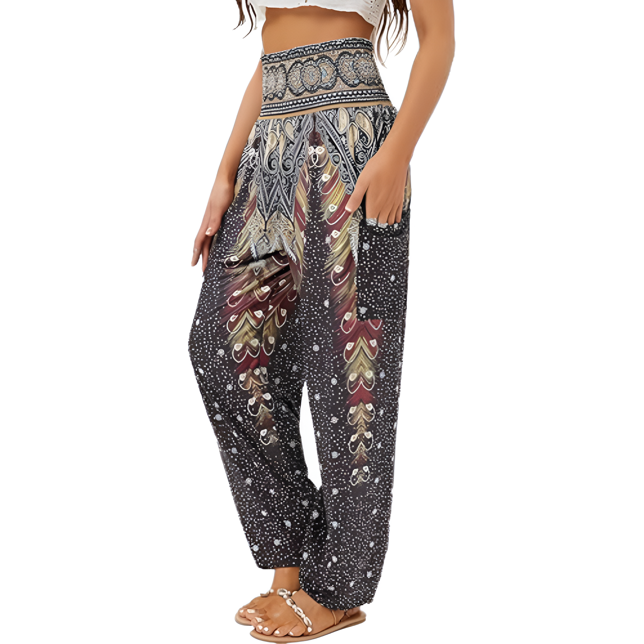 High Rise Printed Yoga Boho Pants With Pockets For Women