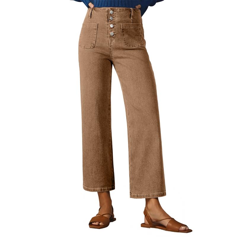 Stretchy Straight Fit Buttoned Loose Pants With Pockets For Women