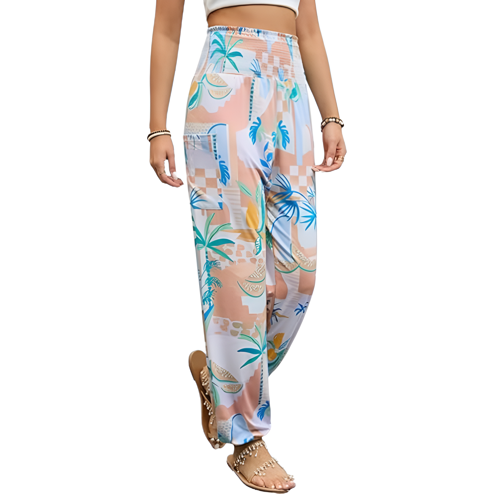 High Rise Printed Yoga Boho Pants With Pockets For Women