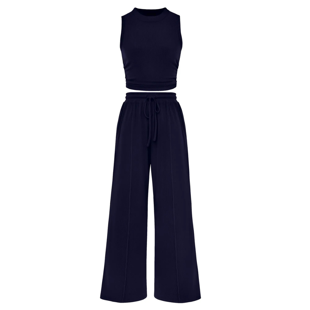 2 Piece Outfits Set With Sleeveless Crop Top And Wide Pants For Women