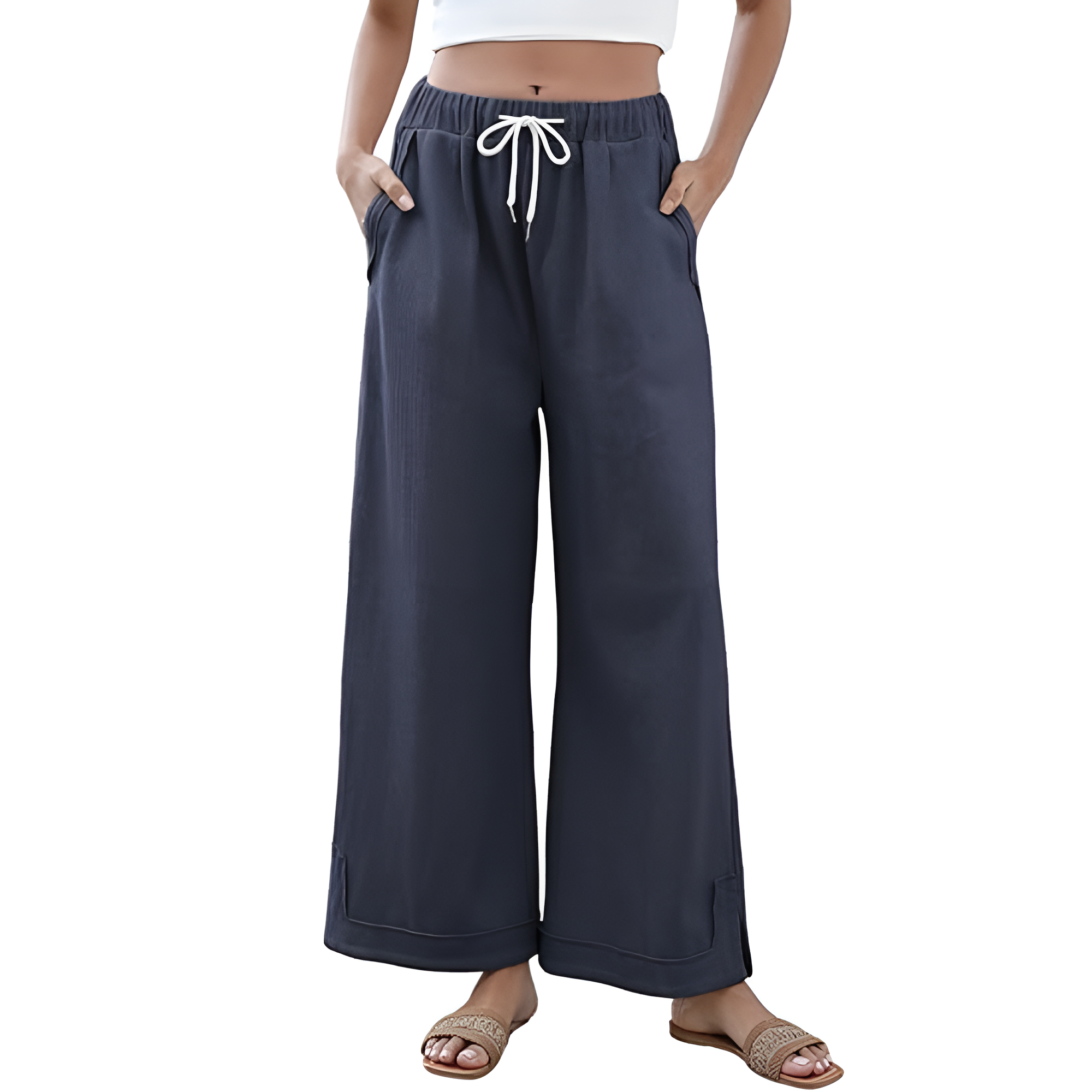 [Copy]High Waist Cropped Wide PantsLoose Fit Drawstring Wide Trousers - Image 21