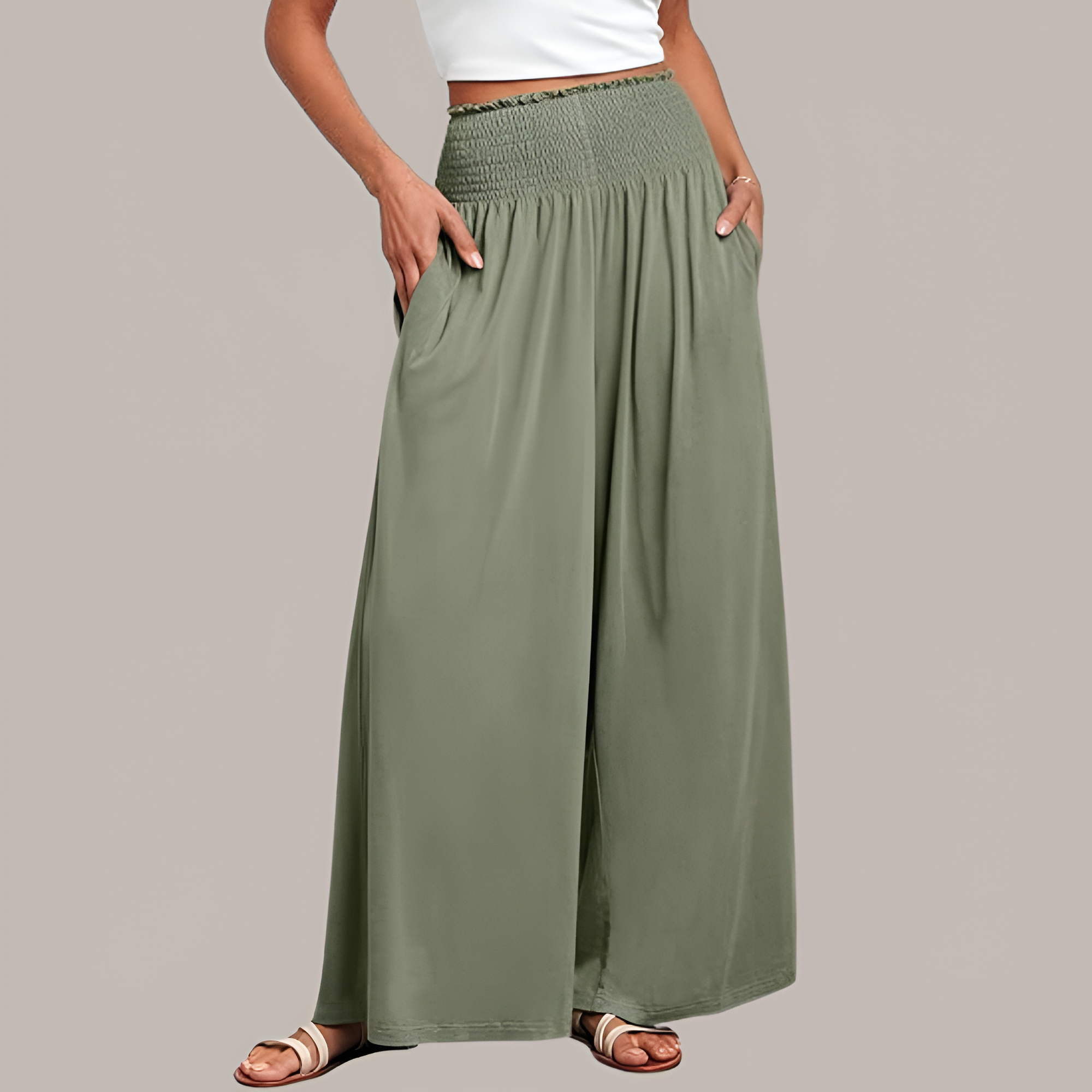 Casual Smocked Waist Wide Shank PantsSummer Boho Palazzo Pants With Baggy Fit And Loose Lounge Design For Women - Image 14