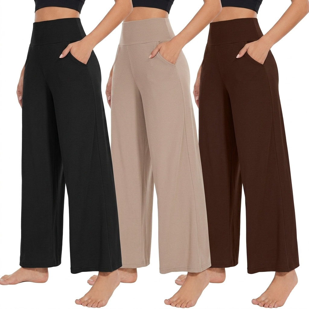 Pack Of 3 Wide Fit High Rise Pants Pockets For Women