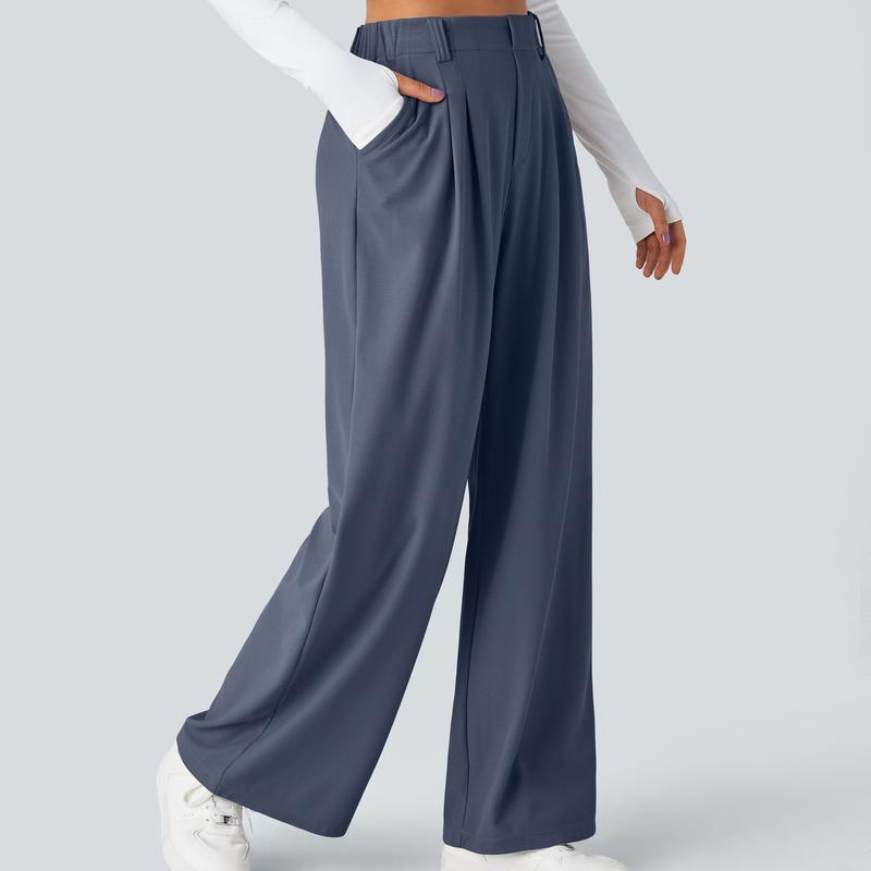 High Rise Wide Waffle Work Pants With Pockets For Women