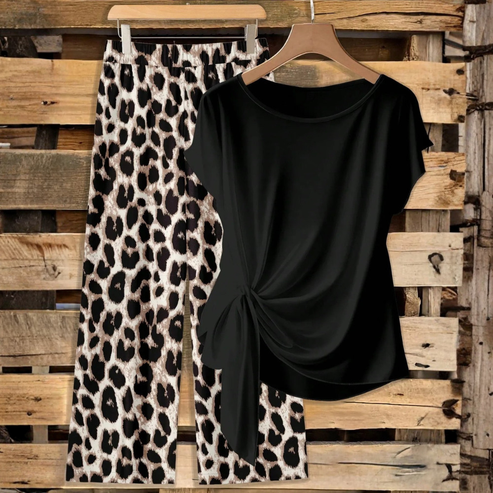 Casual Bowknot Shirt & Loose Straight Geometric Print Pants Set