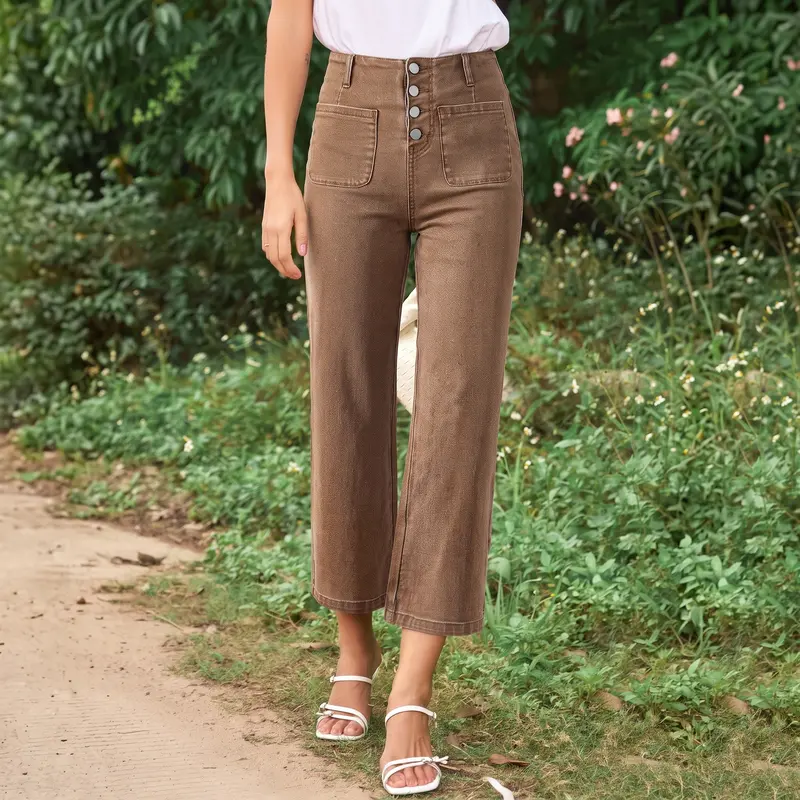 Stretchy Straight Fit Buttoned Loose Pants With Pockets For Women
