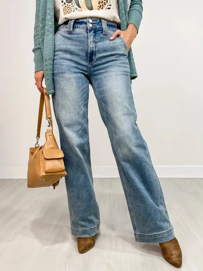 High Rise Double Button Wide Leg Jeans