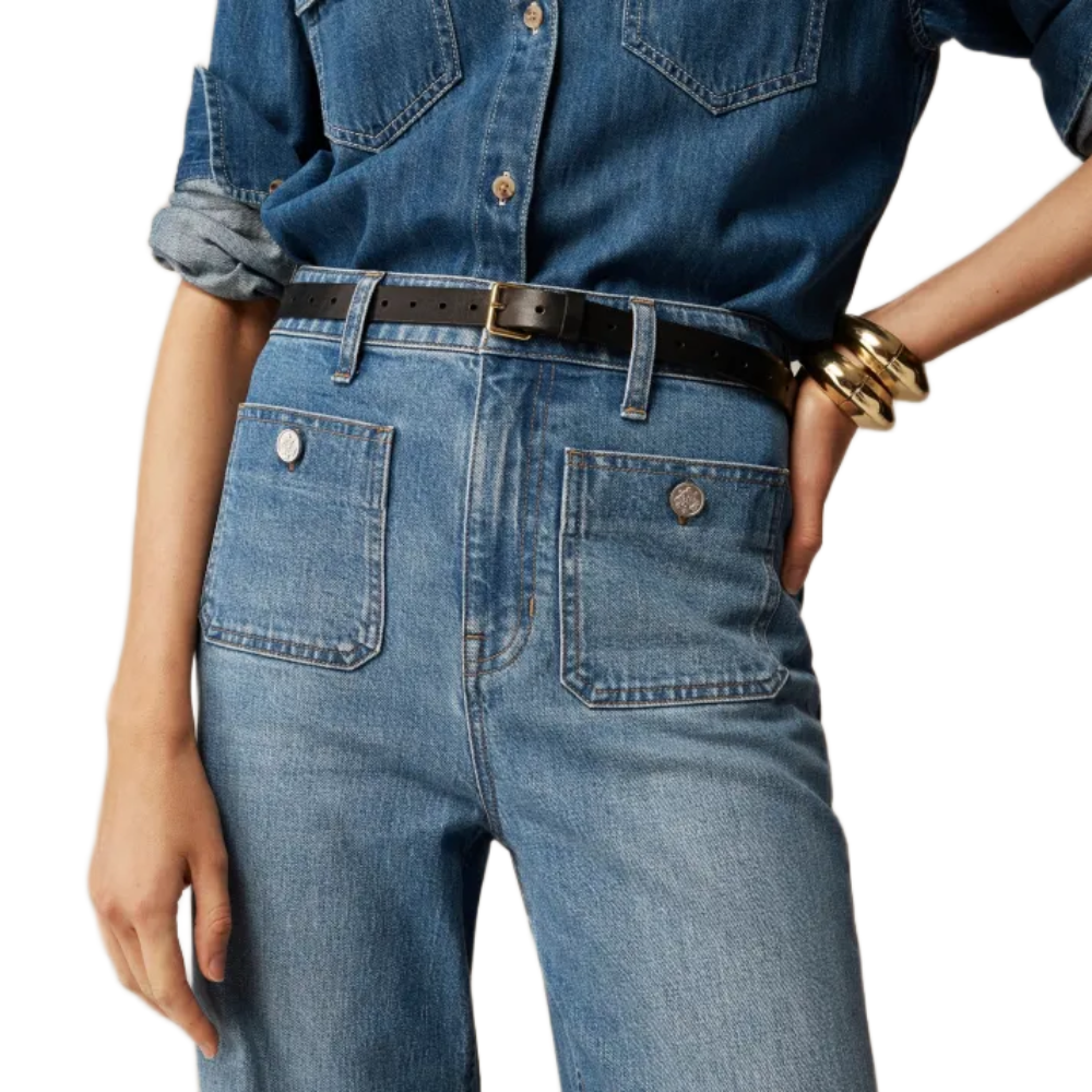Sailor Style Patch Pocket Wide Cut Denim Jeans