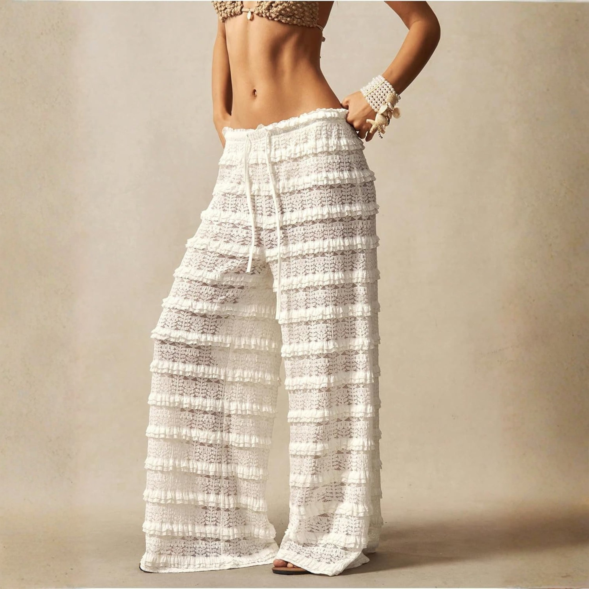 Lace Ruffle Mesh Layered Bathing Suit Pants Beach For Women
