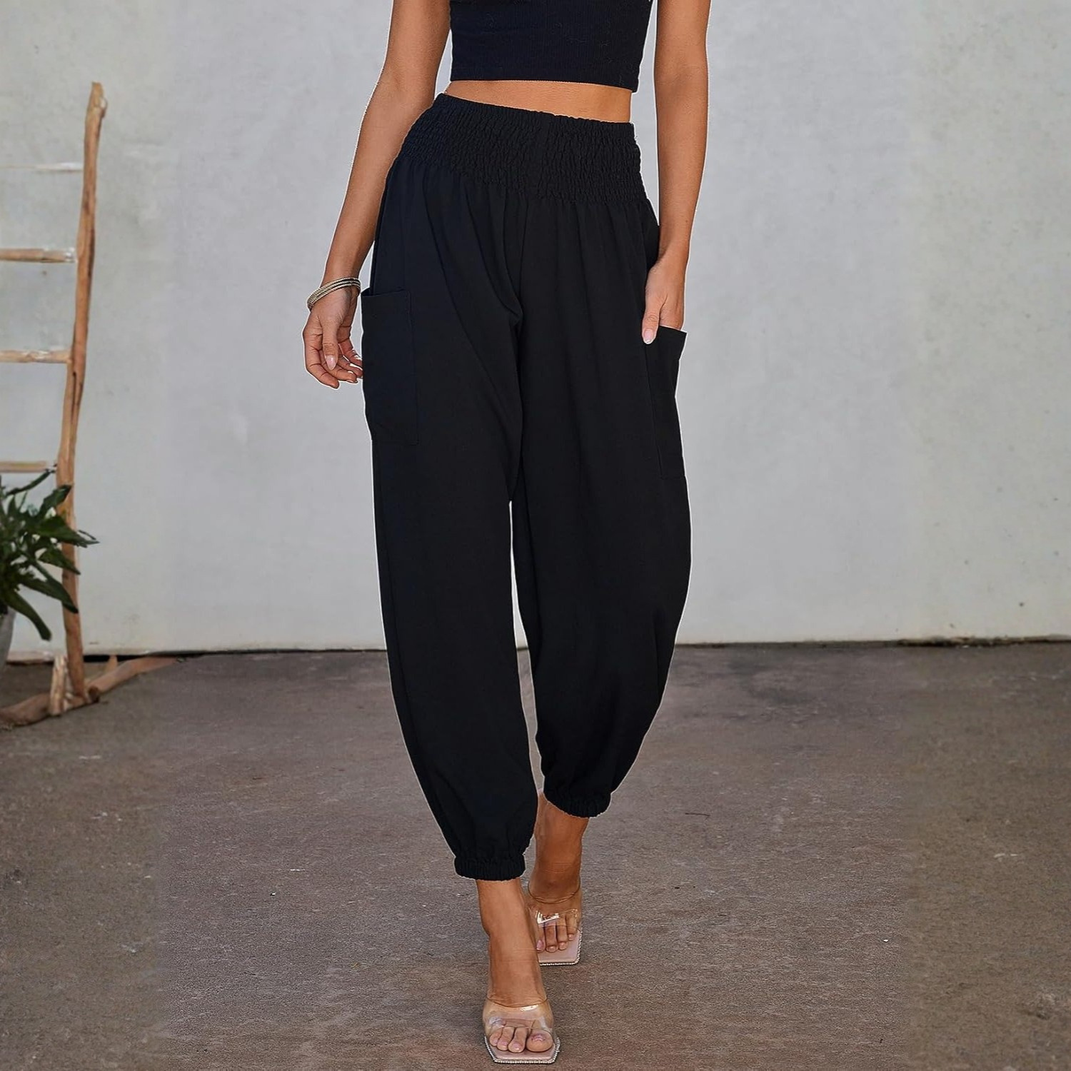 Casual Boho Summer Business Smocked High Long Cargo Pants For Women with Pockets