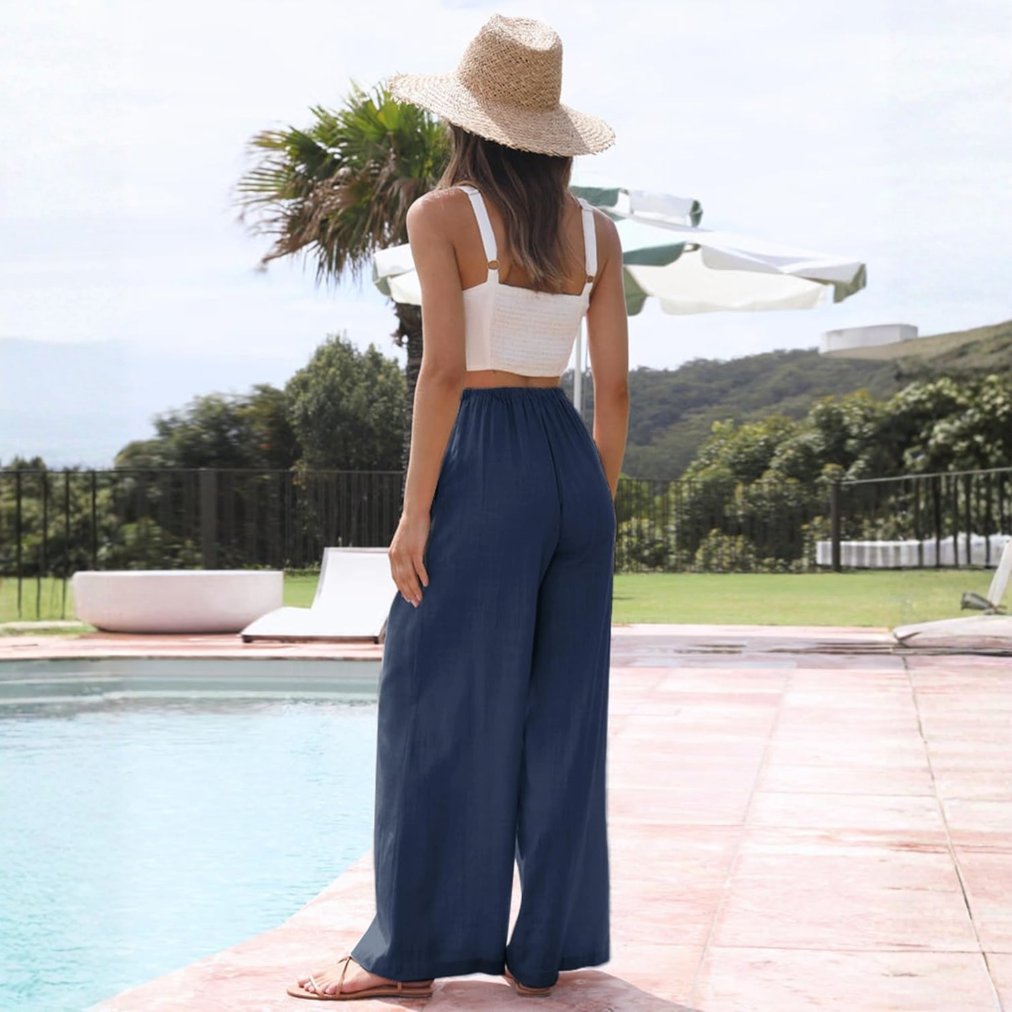 Cotton Linen Wide Leg Palazzo Pants with Pockets