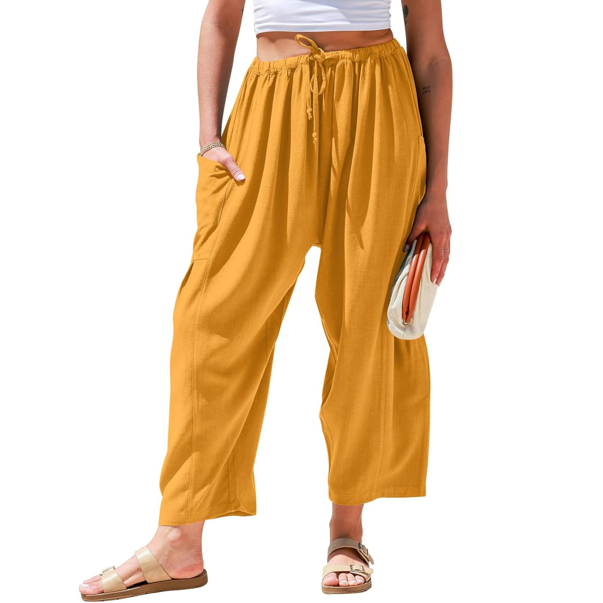Linen Wide Leg Drawstring Palazzo Harem Pants Women