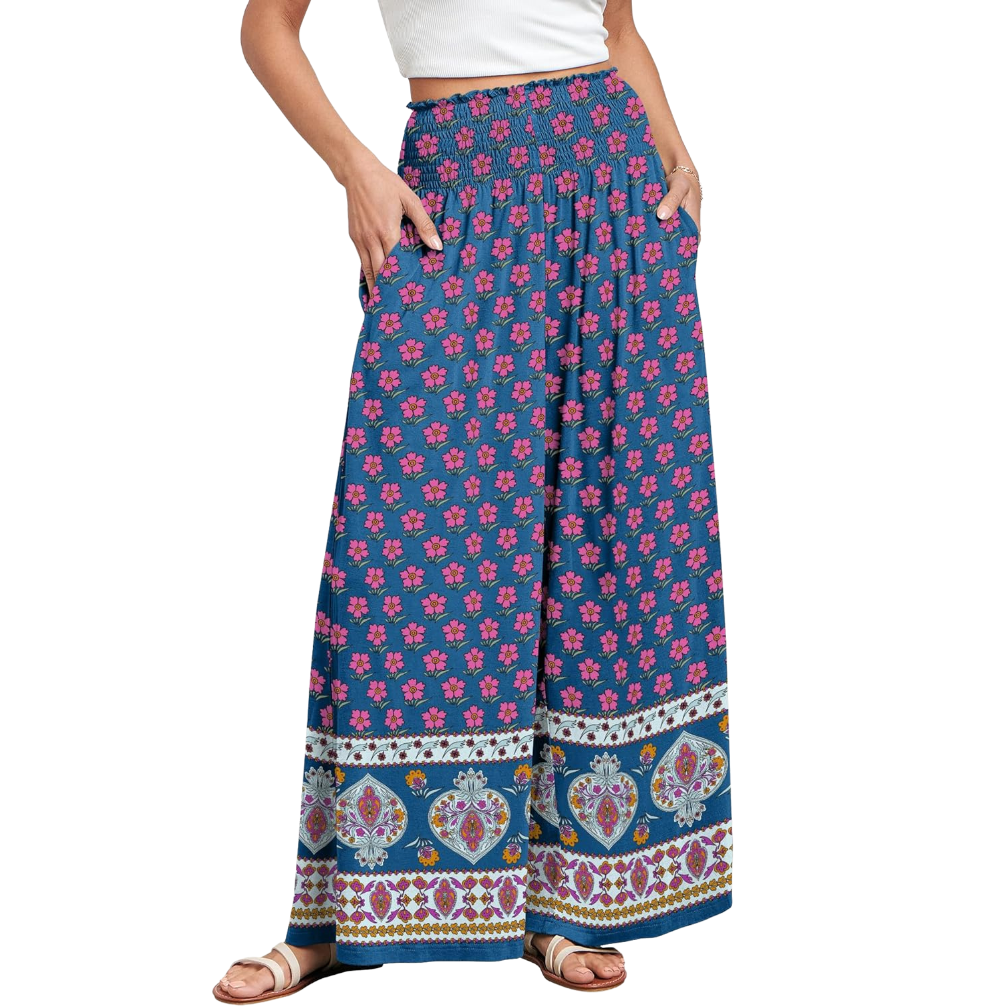 Boho Wide Leg Palazzo Lounge Pants with Pockets