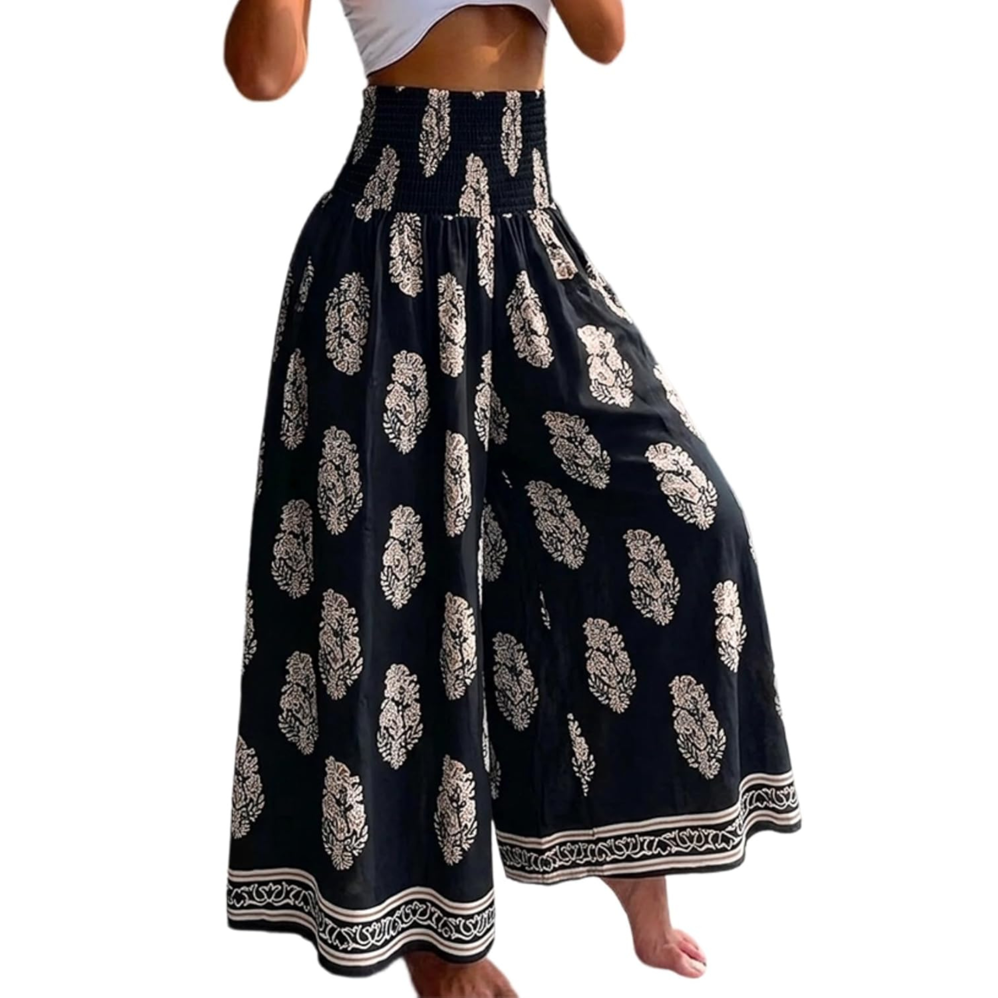 Boho Floral High Waisted Wide Leg Beach Pants
