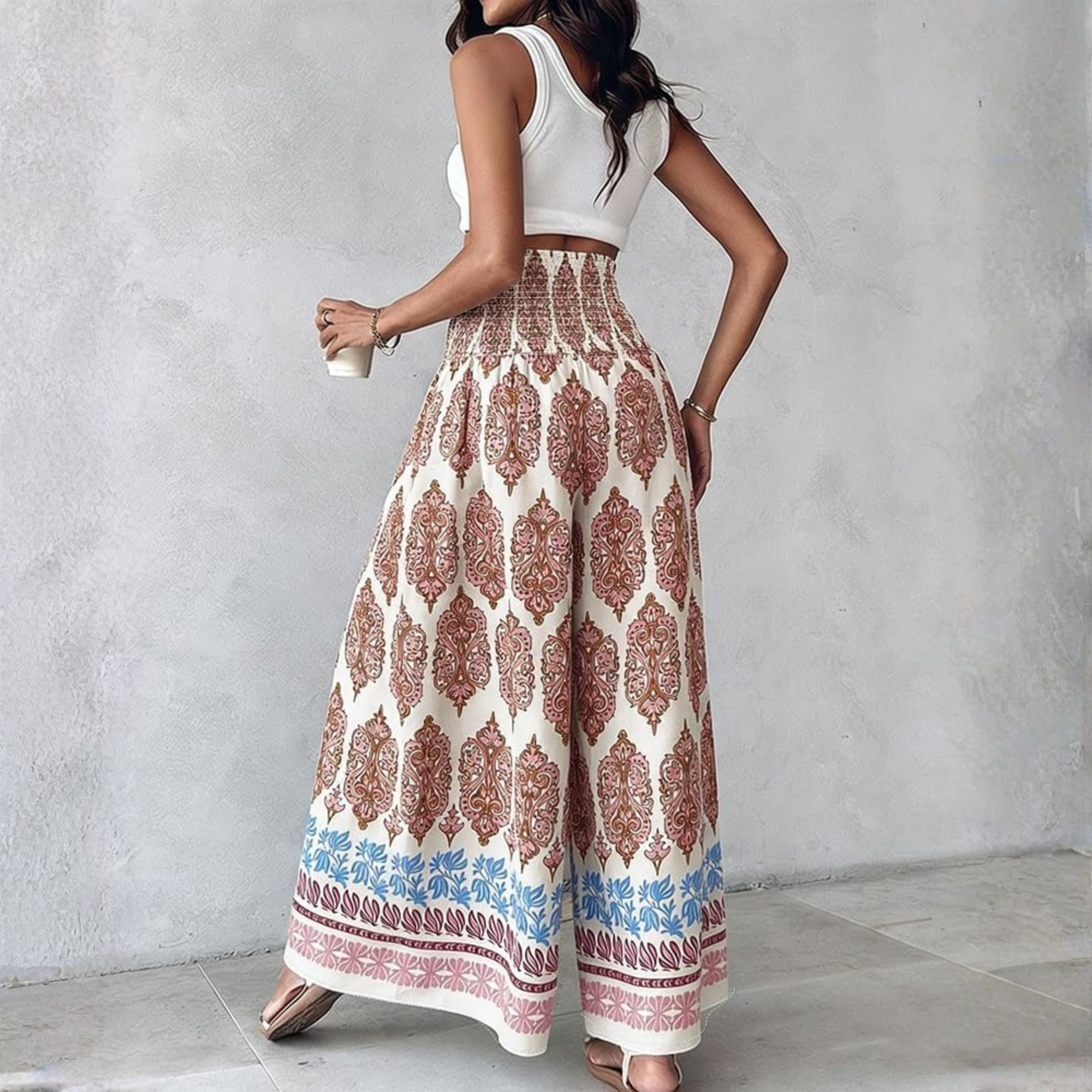 Boho Floral High Waisted Wide Leg Beach Pants
