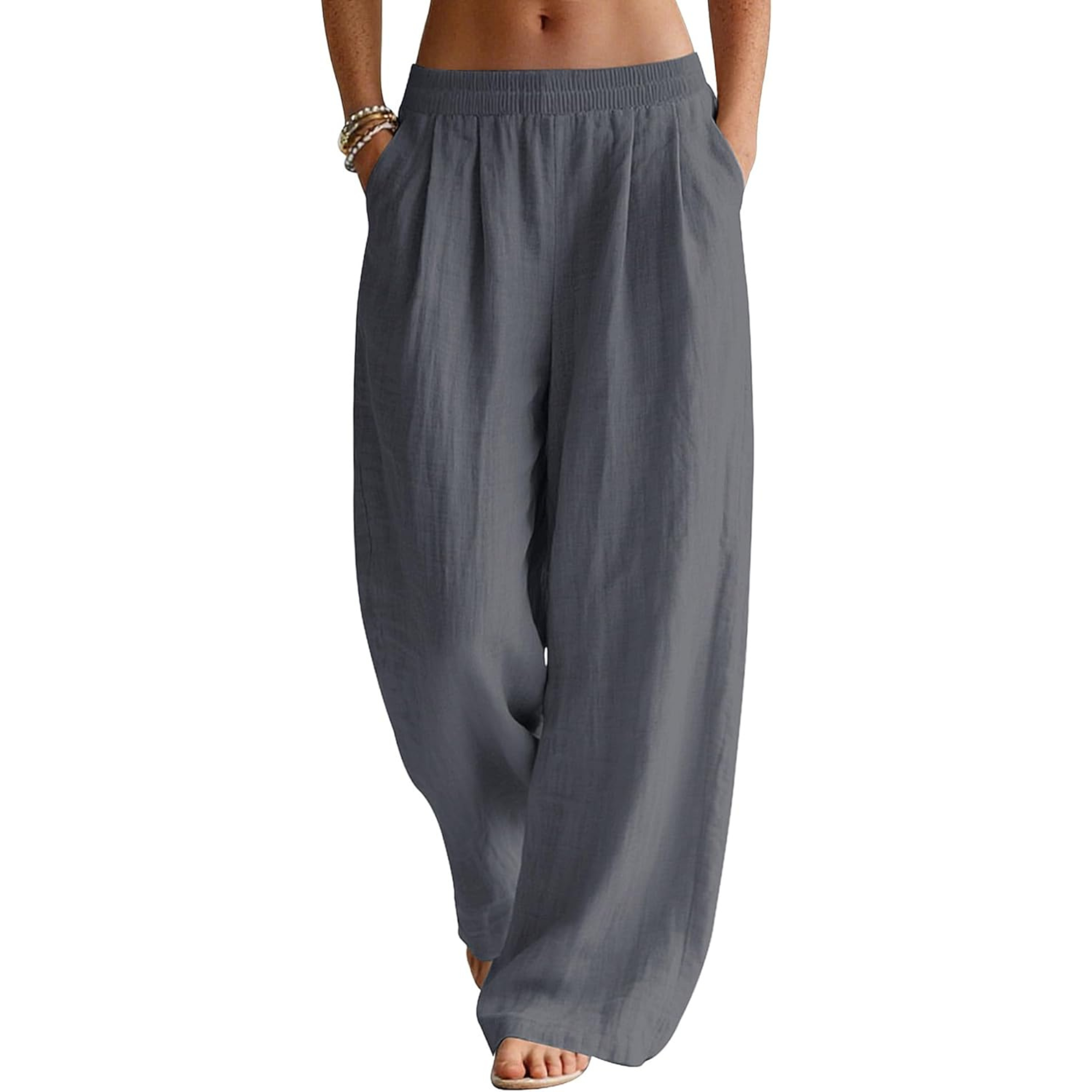 Linen Wide Leg Palazzo Pants with Elastic Waist Pockets